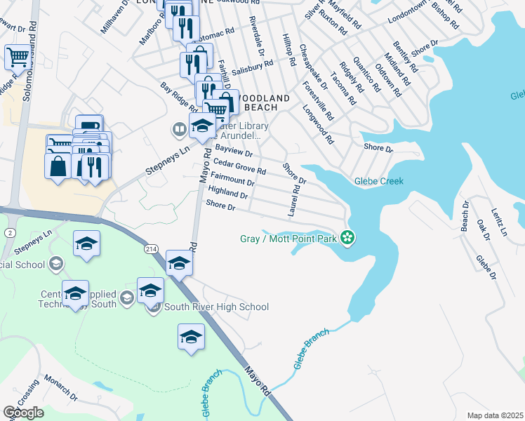 map of restaurants, bars, coffee shops, grocery stores, and more near 2119 Shore Drive in Edgewater