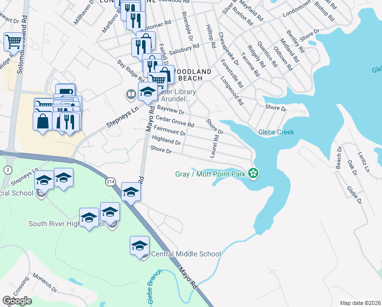 map of restaurants, bars, coffee shops, grocery stores, and more near 2119 Shore Drive in Edgewater