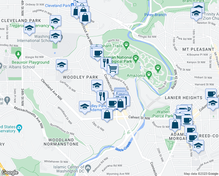 map of restaurants, bars, coffee shops, grocery stores, and more near 2818 Connecticut Avenue Northwest in Washington
