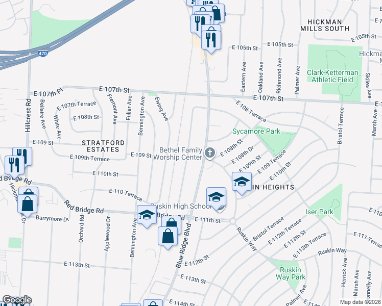 map of restaurants, bars, coffee shops, grocery stores, and more near 10745 Cambridge Avenue in Kansas City