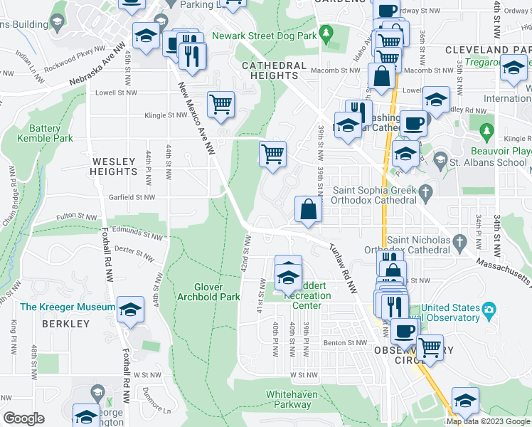 map of restaurants, bars, coffee shops, grocery stores, and more near 2801 New Mexico Avenue Northwest in Washington