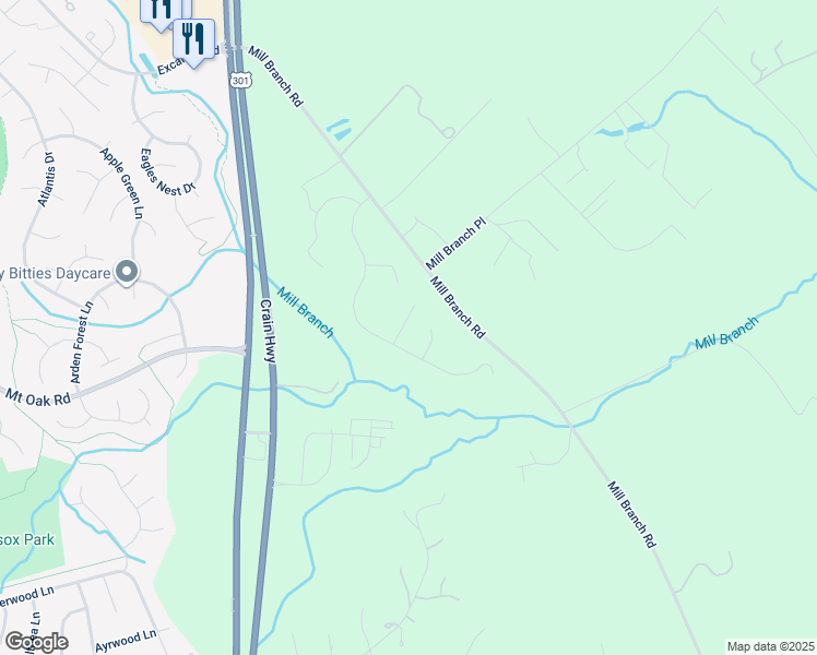 map of restaurants, bars, coffee shops, grocery stores, and more near 2617 Weary Creek Court in Bowie