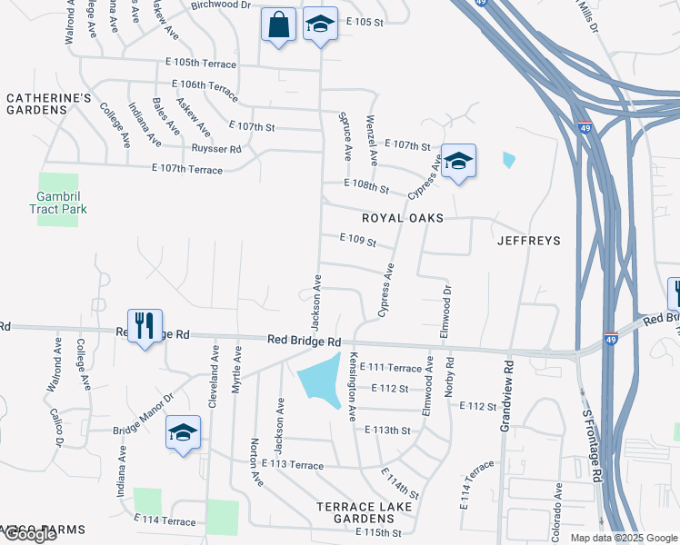 map of restaurants, bars, coffee shops, grocery stores, and more near 4212 East 110th Street in Kansas City