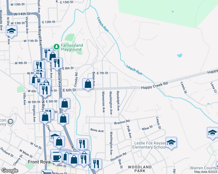 map of restaurants, bars, coffee shops, grocery stores, and more near 618 East 6th Street in Front Royal