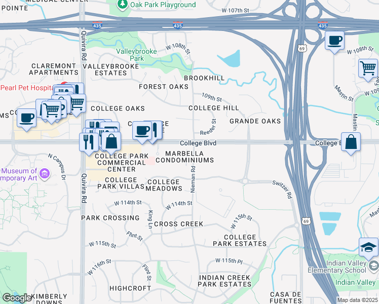 map of restaurants, bars, coffee shops, grocery stores, and more near in Overland Park