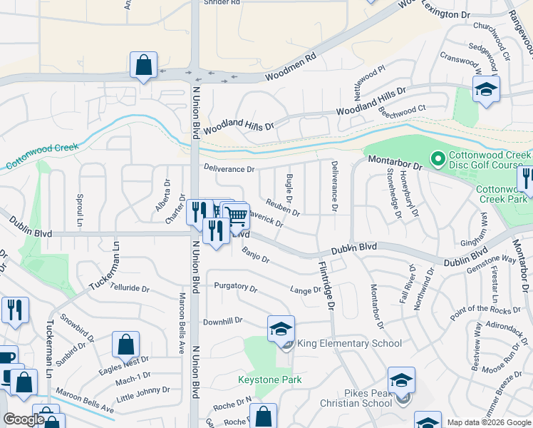 map of restaurants, bars, coffee shops, grocery stores, and more near 3084 Maverick Drive in Colorado Springs