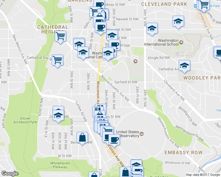 map of restaurants, bars, coffee shops, grocery stores, and more near 3602 Massachusetts Avenue Northwest in Washington