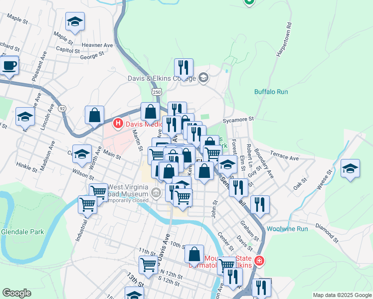 map of restaurants, bars, coffee shops, grocery stores, and more near 203 4th Street in Elkins