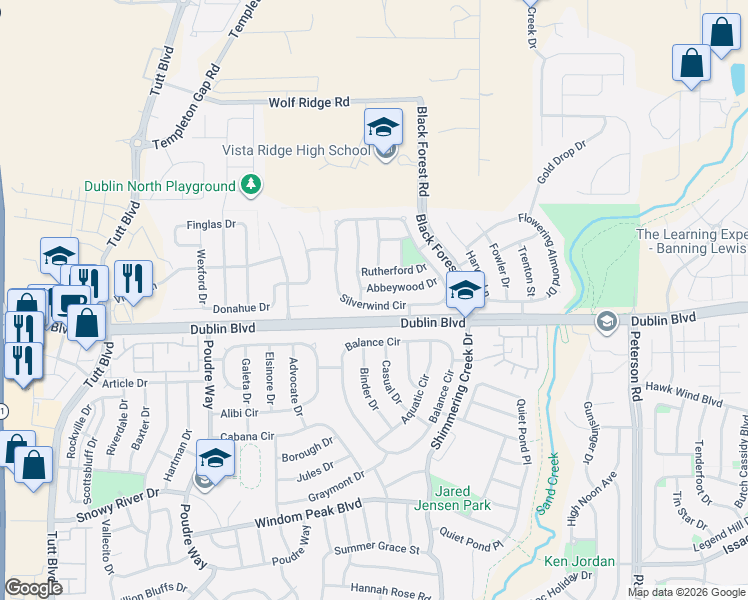 map of restaurants, bars, coffee shops, grocery stores, and more near 7099 Silverwind Circle in Colorado Springs