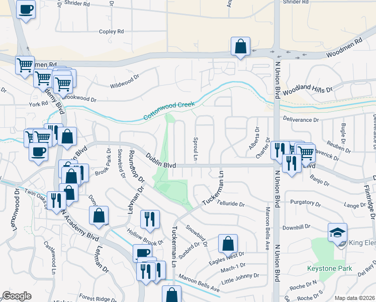map of restaurants, bars, coffee shops, grocery stores, and more near 6534 Sproul Lane in Colorado Springs