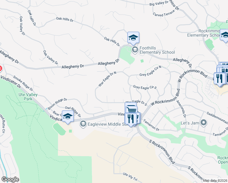 map of restaurants, bars, coffee shops, grocery stores, and more near 4304 Austin Bluffs Parkway in Colorado Springs