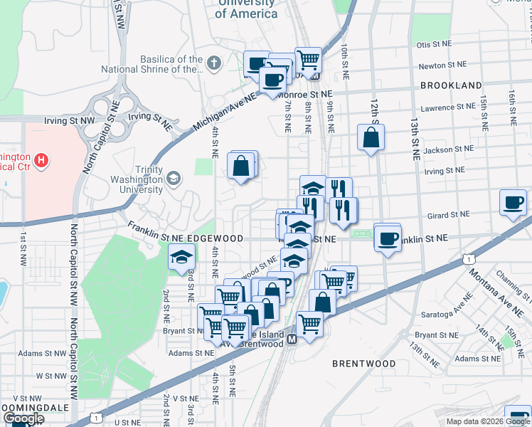 map of restaurants, bars, coffee shops, grocery stores, and more near 101 Independence Avenue Southeast in Washington