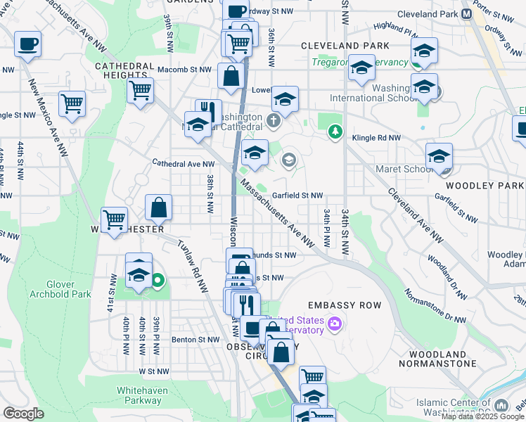 map of restaurants, bars, coffee shops, grocery stores, and more near 3602 Massachusetts Avenue Northwest in Washington