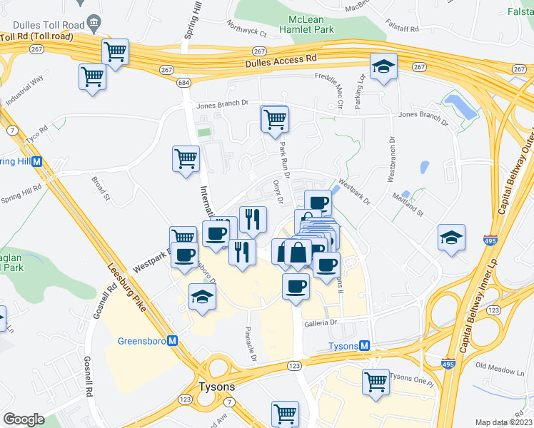 map of restaurants, bars, coffee shops, grocery stores, and more near 1641 International Drive in McLean