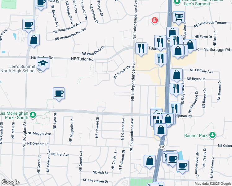 map of restaurants, bars, coffee shops, grocery stores, and more near 601 English Manor Drive in Lee's Summit