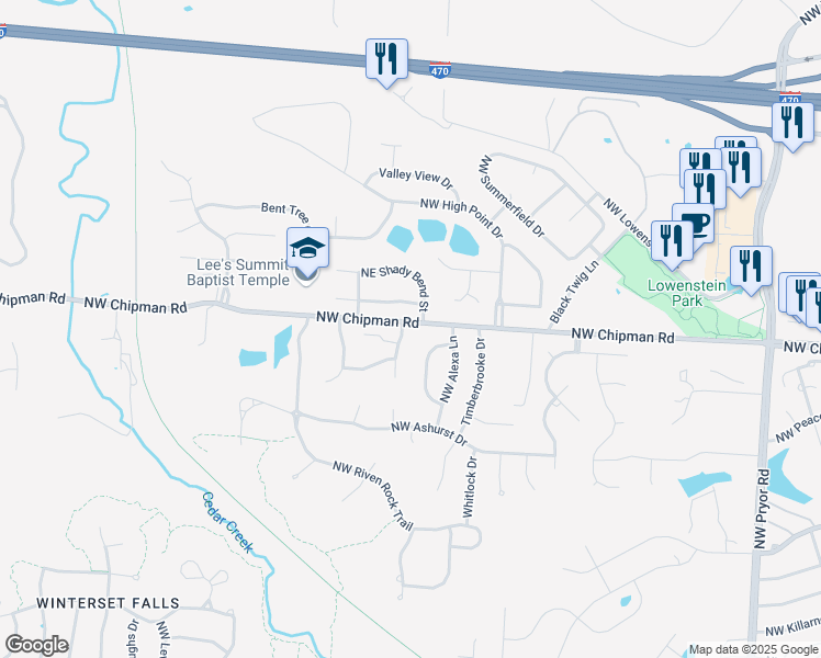 map of restaurants, bars, coffee shops, grocery stores, and more near 611 Northwest Fieldcrest Drive in Lee's Summit