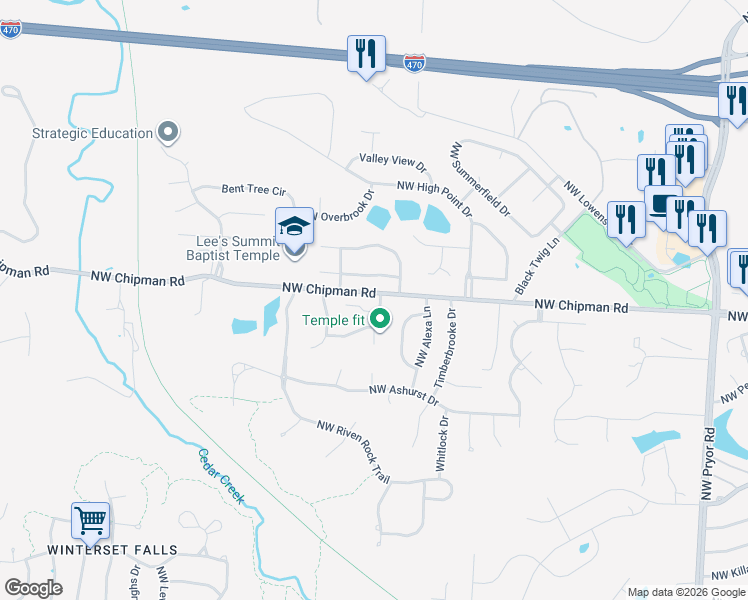 map of restaurants, bars, coffee shops, grocery stores, and more near 611 Northwest Fieldcrest Drive in Lee's Summit