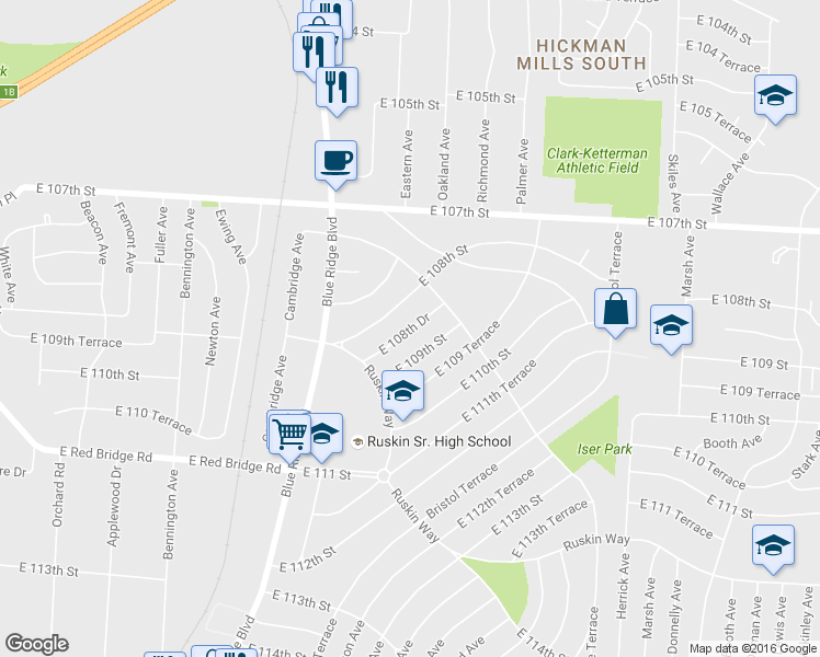 map of restaurants, bars, coffee shops, grocery stores, and more near 7316 East 108th Drive in Kansas City