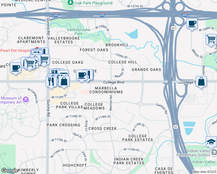 map of restaurants, bars, coffee shops, grocery stores, and more near in Overland Park