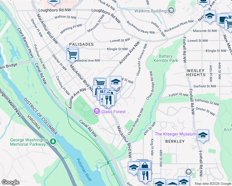 map of restaurants, bars, coffee shops, grocery stores, and more near 5001 Dana Place Northwest in Washington