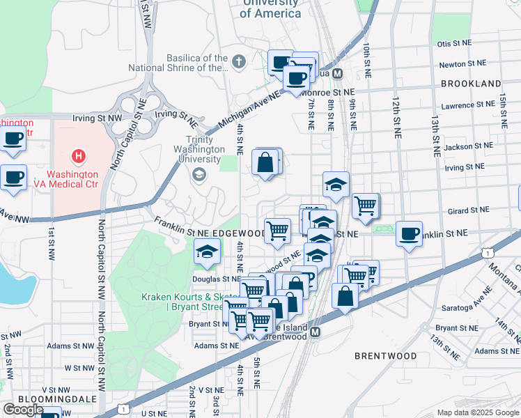 map of restaurants, bars, coffee shops, grocery stores, and more near 2845 Chancellor's Way Northeast in Washington