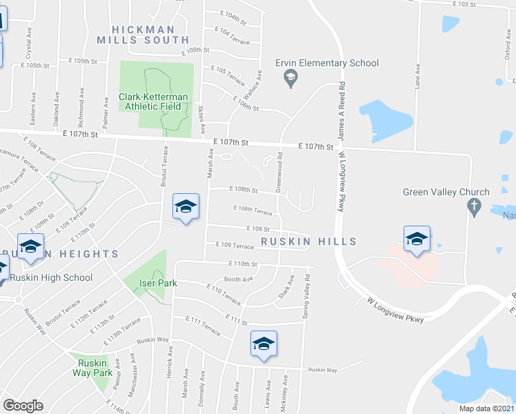 map of restaurants, bars, coffee shops, grocery stores, and more near 8618 East 108th Terrace in Kansas City
