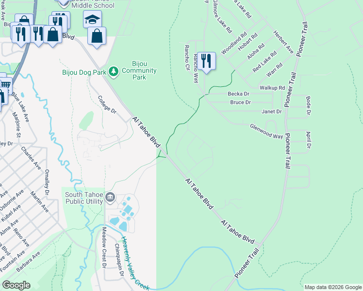 map of restaurants, bars, coffee shops, grocery stores, and more near 1387 Matheson Drive in South Lake Tahoe