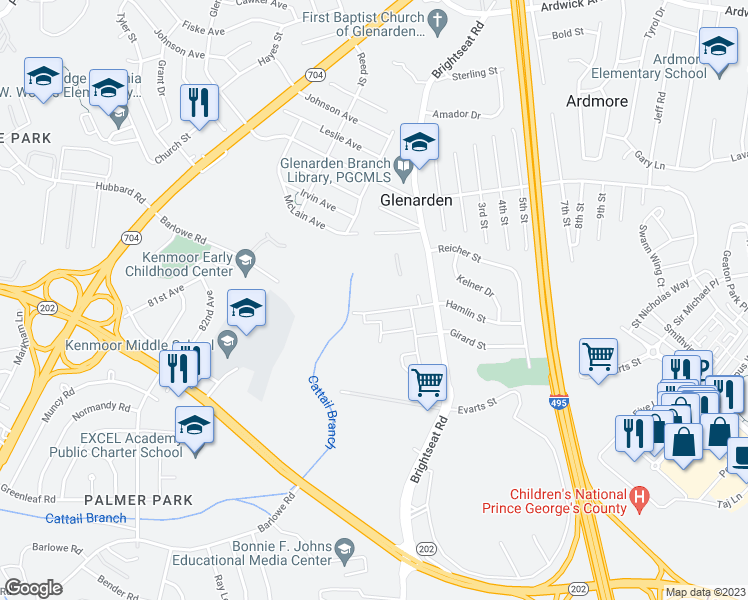 map of restaurants, bars, coffee shops, grocery stores, and more near 8406 Hamlin Street in Glenarden