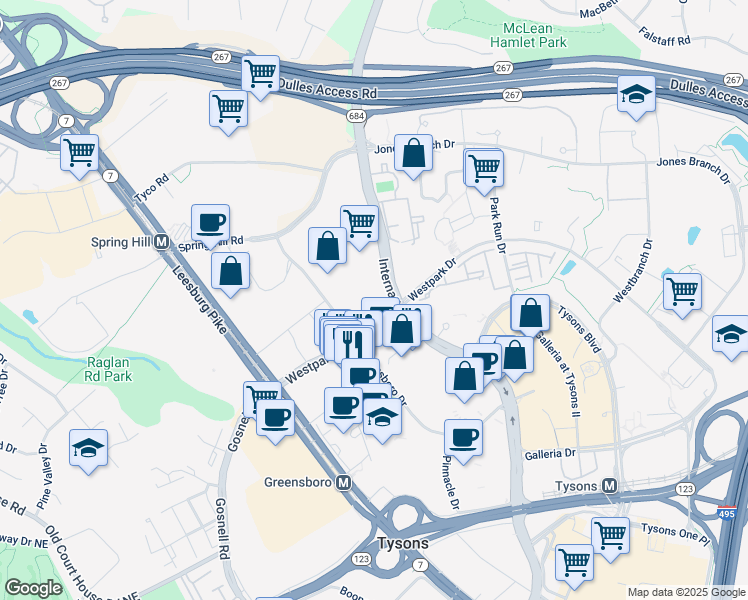 map of restaurants, bars, coffee shops, grocery stores, and more near 8340 Greensboro Drive in McLean