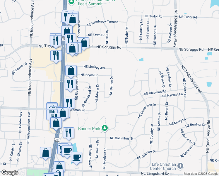 map of restaurants, bars, coffee shops, grocery stores, and more near 732 Northeast Barnes Drive in Lee's Summit