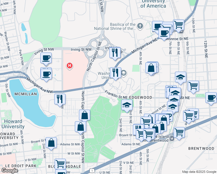 map of restaurants, bars, coffee shops, grocery stores, and more near 125 Michigan Avenue Northeast in Washington