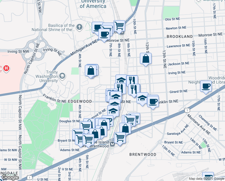 map of restaurants, bars, coffee shops, grocery stores, and more near 2911 7th Street Northeast in Washington