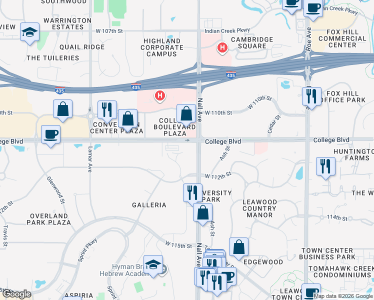 map of restaurants, bars, coffee shops, grocery stores, and more near 11100 Nall Avenue in Leawood