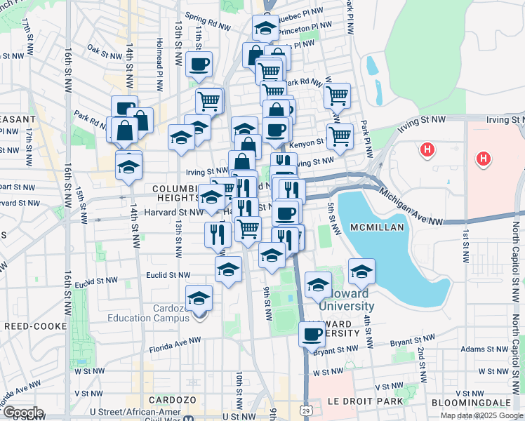 map of restaurants, bars, coffee shops, grocery stores, and more near 750 Harvard Street Northwest in Washington