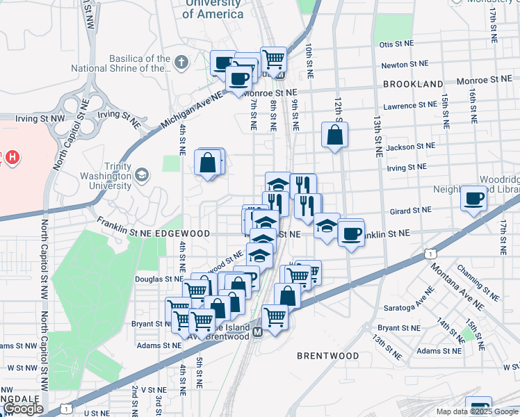 map of restaurants, bars, coffee shops, grocery stores, and more near 2911 7th Street Northeast in Washington