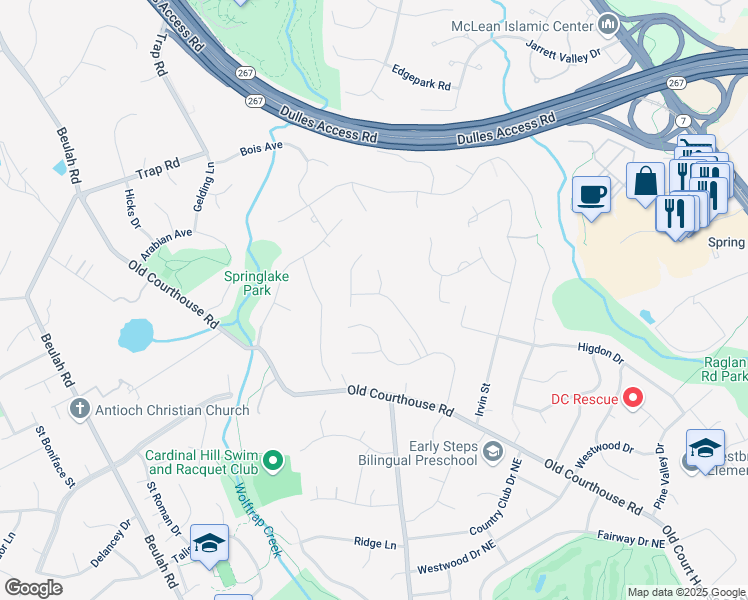 map of restaurants, bars, coffee shops, grocery stores, and more near 9017 Lupine Den Drive in Vienna