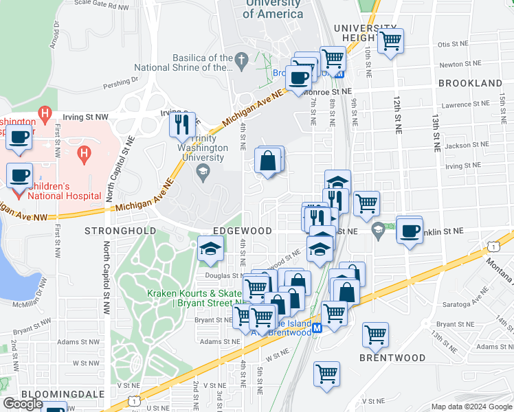 map of restaurants, bars, coffee shops, grocery stores, and more near 2860 Chancellor's Way Northeast in Washington