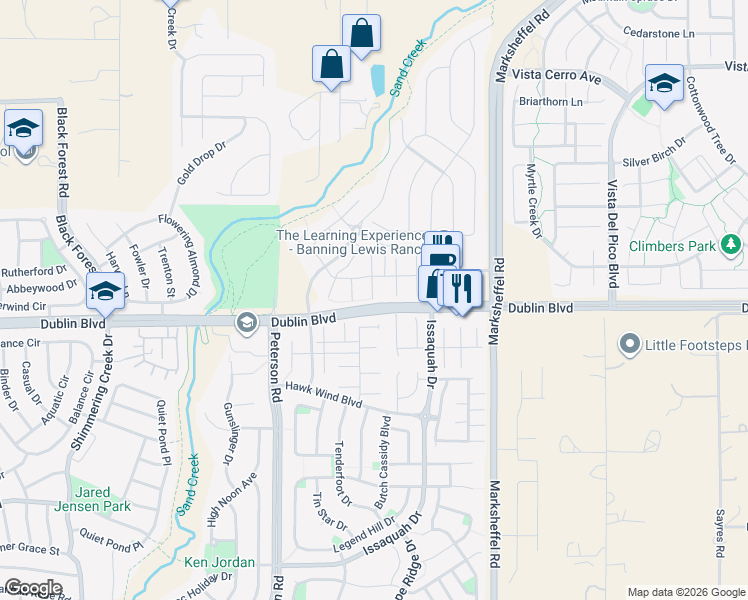map of restaurants, bars, coffee shops, grocery stores, and more near 6509 Dance Hall Lane in Colorado Springs