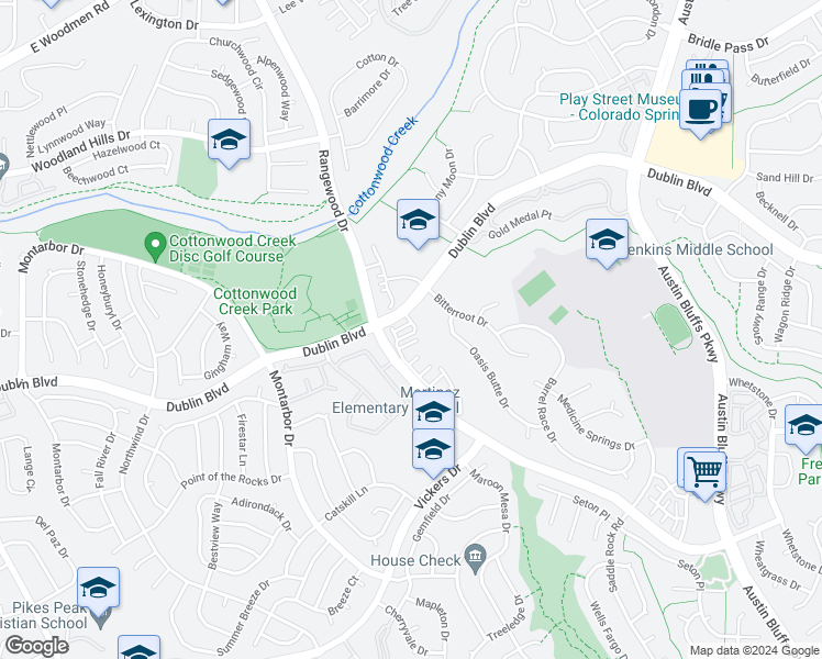 map of restaurants, bars, coffee shops, grocery stores, and more near 6598 Baytree Grove in Colorado Springs