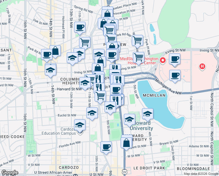 map of restaurants, bars, coffee shops, grocery stores, and more near 101 Independence Avenue Southeast in Washington