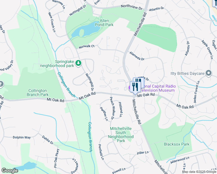 map of restaurants, bars, coffee shops, grocery stores, and more near 15443 Neman Drive in Bowie