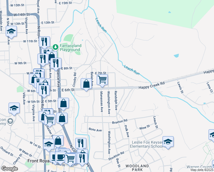 map of restaurants, bars, coffee shops, grocery stores, and more near 618 East 6th Street in Front Royal