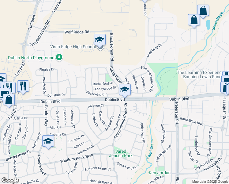 map of restaurants, bars, coffee shops, grocery stores, and more near 6450 Silverwind Circle in Colorado Springs