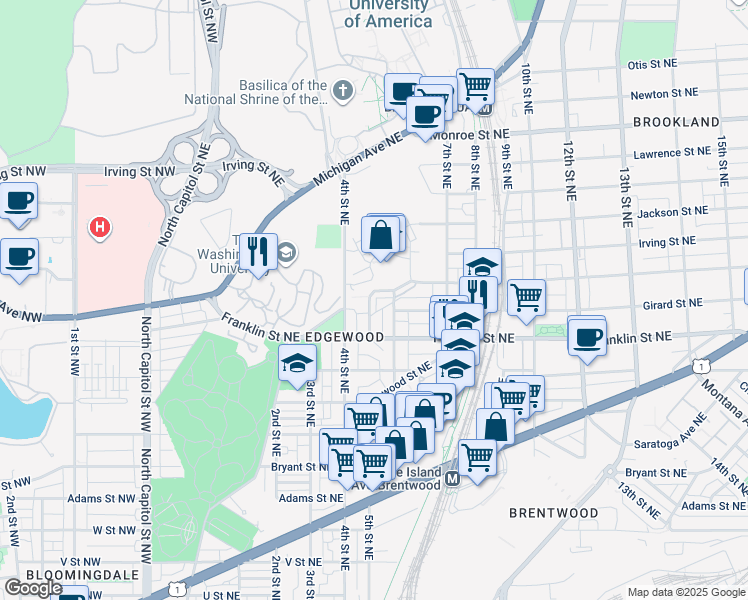 map of restaurants, bars, coffee shops, grocery stores, and more near 2847 Chancellor's Way Northeast in Washington