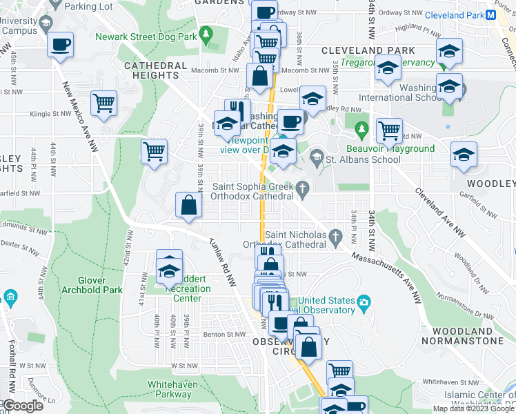 map of restaurants, bars, coffee shops, grocery stores, and more near 2828 Wisconsin Avenue Northwest in Washington