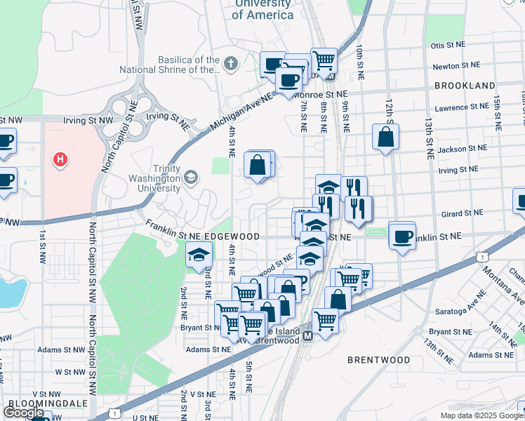 map of restaurants, bars, coffee shops, grocery stores, and more near 2899 Chancellor's Way Northeast in Washington