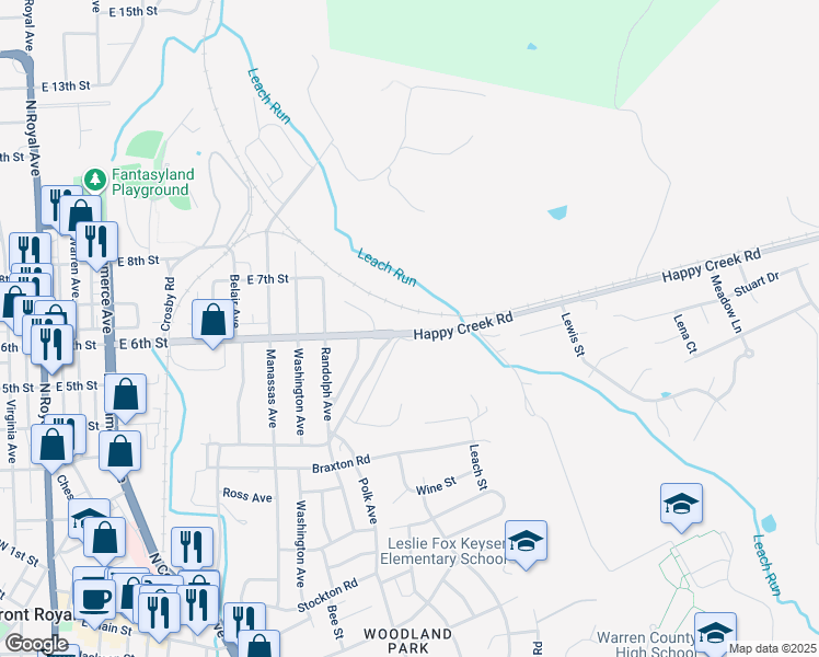 map of restaurants, bars, coffee shops, grocery stores, and more near 848 East 6th Street in Front Royal