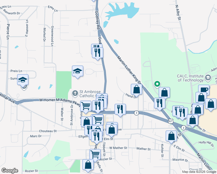 map of restaurants, bars, coffee shops, grocery stores, and more near 3007 Godfrey Road in Godfrey