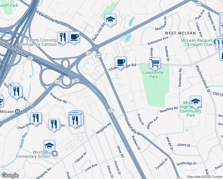 map of restaurants, bars, coffee shops, grocery stores, and more near 1566 Great Falls Street in McLean