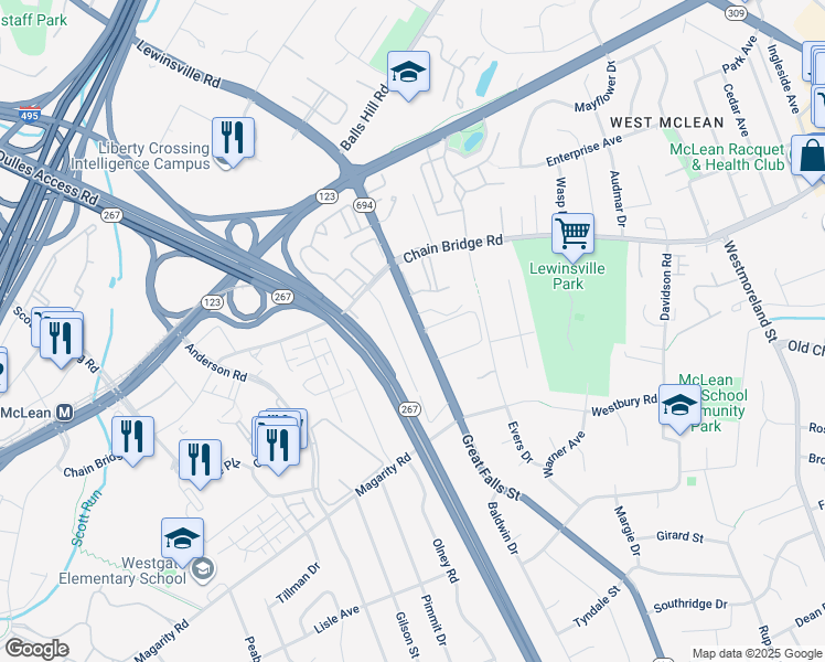 map of restaurants, bars, coffee shops, grocery stores, and more near 1566 Great Falls Street in McLean